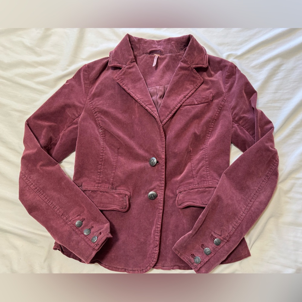 Free People Burgundy Courdroy Blazer with Button Details